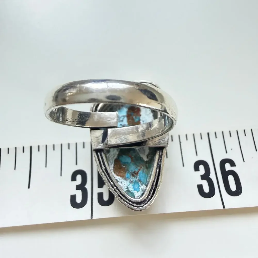 Turquoise gemstone, silver overlay ring stamped 925‎  oval adjustable 5-8